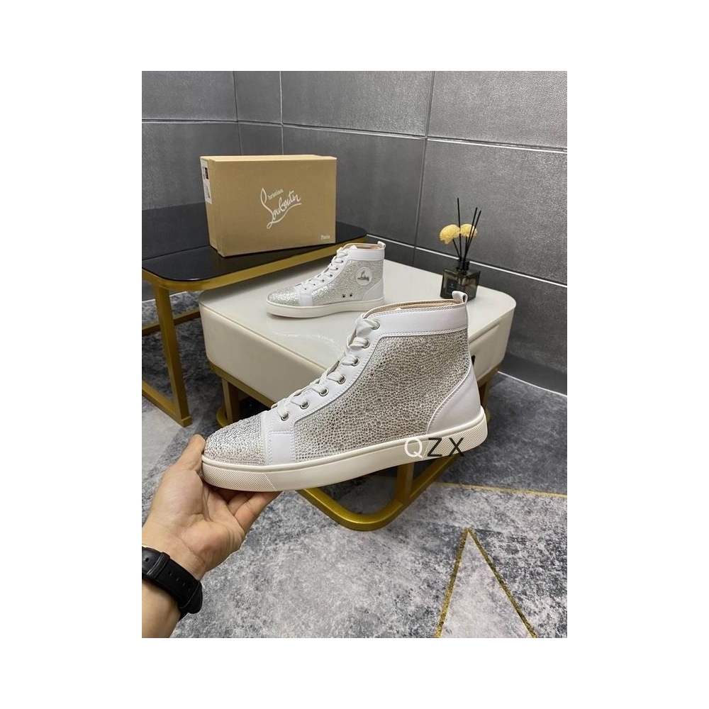 Replica Christian Louboutin Louis Strass High-top Sneakers Calfskin White