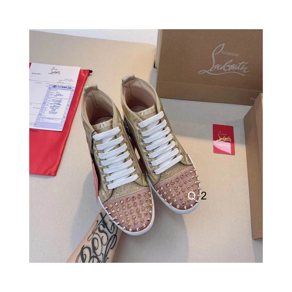 Cheap Christian Louboutin Lou Spikes Donna Flat Sneakers Glittered Leather Pink Gold Sale Online