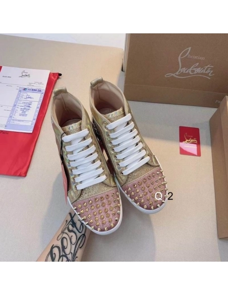 Cheap Christian Louboutin Lou Spikes Donna Flat Sneakers Glittered Leather Pink Gold Sale Online