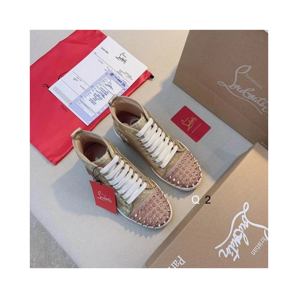 Cheap Christian Louboutin Lou Spikes Donna Flat Sneakers Glittered Leather Pink Gold Sale Online