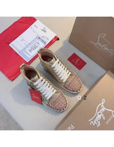 Cheap Christian Louboutin Lou Spikes Donna Flat Sneakers Glittered Leather Pink Gold Sale Online