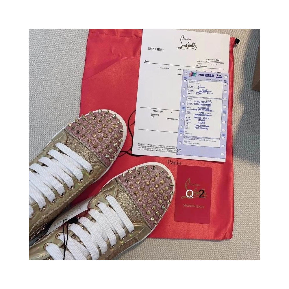 Cheap Christian Louboutin Lou Spikes Donna Flat Sneakers Glittered Leather Pink Gold Sale Online