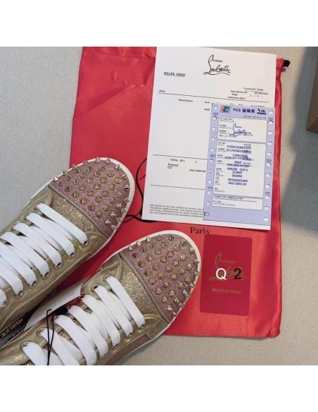 Cheap Christian Louboutin Lou Spikes Donna Flat Sneakers Glittered Leather Pink Gold Sale Online