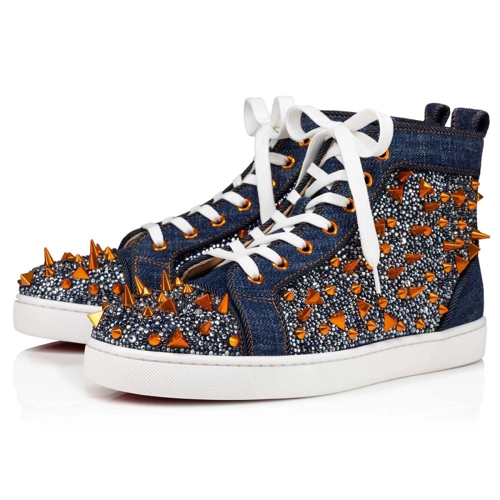 Discount Christian Louboutin Lou Pik Pik Strass High-Top Sneaker Blue Denim Outlet