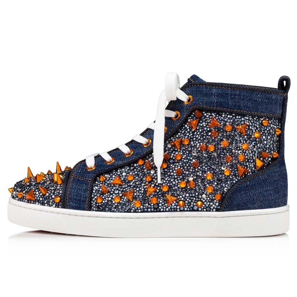 Discount Christian Louboutin Lou Pik Pik Strass High-Top Sneaker Blue Denim Outlet