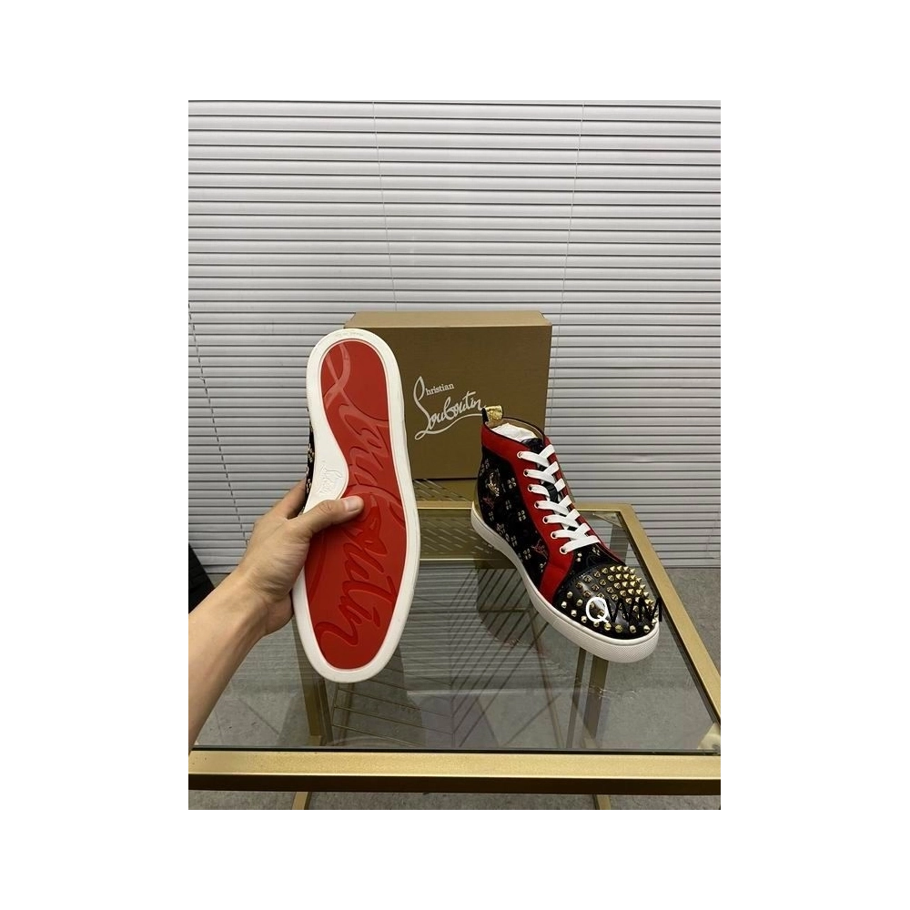 Replica Christian Louboutin Lou Spikes High Top Sneakers Suede and Leather Black