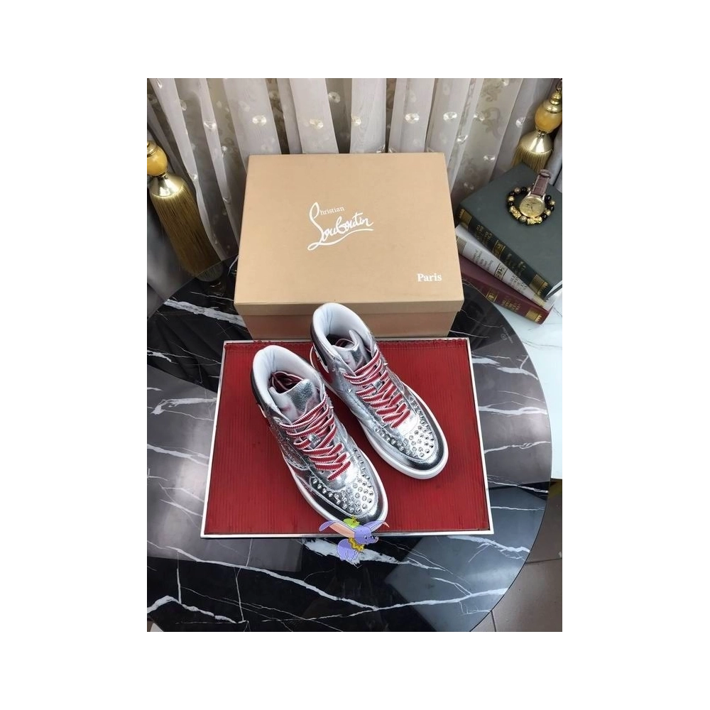 Replica Christian Louboutin Top Rui Spikes High-top Sneakers Leather Silver