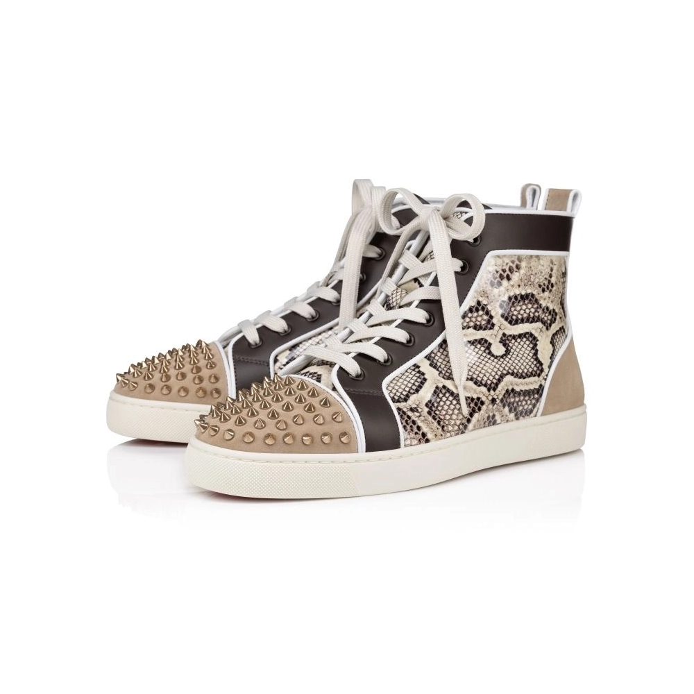 Replica Christian Louboutin Lou Spikes High-Top Sneakers Veau Velours Patent Calf Leather Snake Printed And Spikes Saharienne