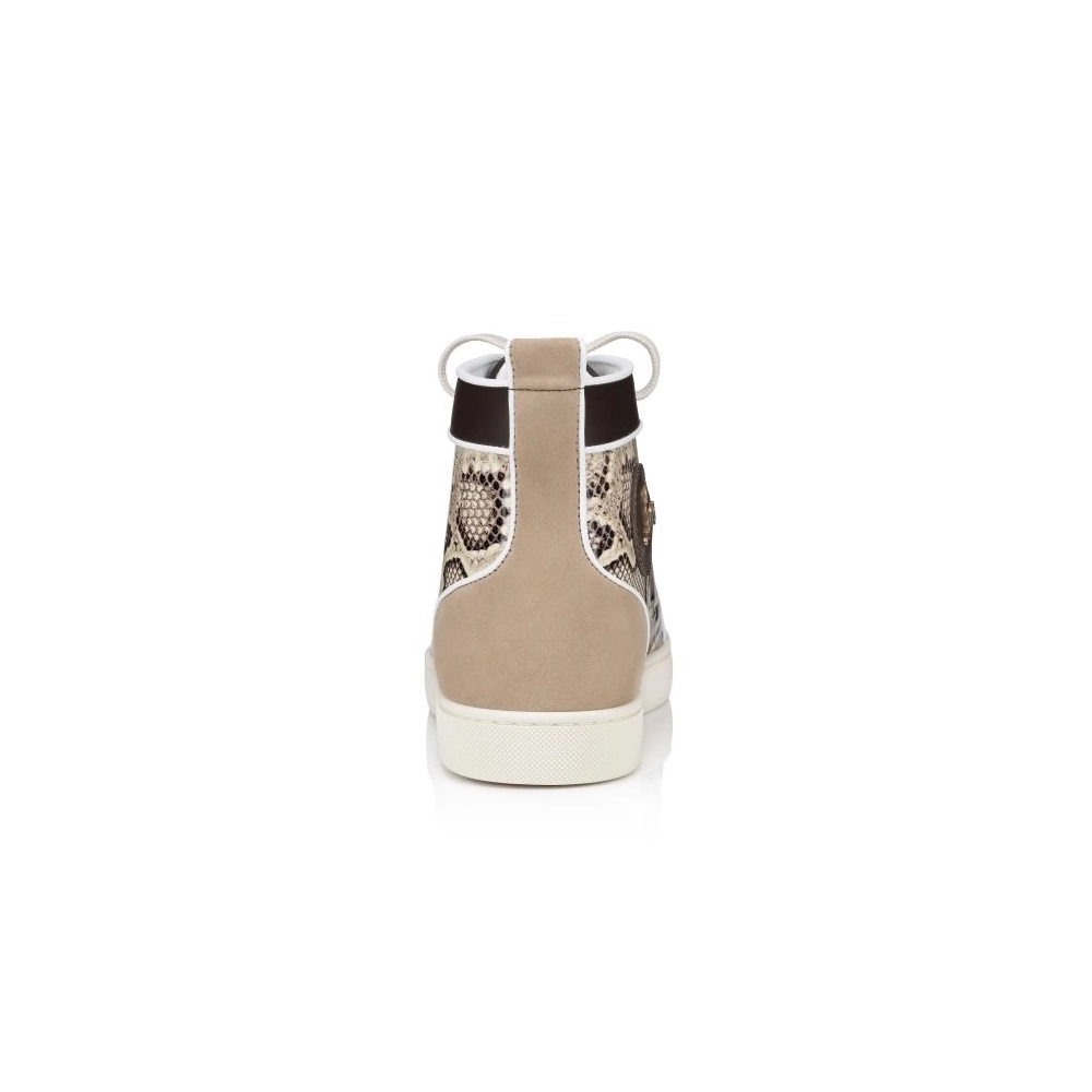 Replica Christian Louboutin Lou Spikes High-Top Sneakers Veau Velours Patent Calf Leather Snake Printed And Spikes Saharienne