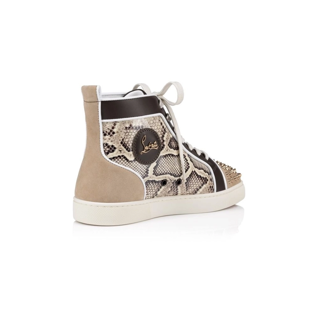 Replica Christian Louboutin Lou Spikes High-Top Sneakers Veau Velours Patent Calf Leather Snake Printed And Spikes Saharienne