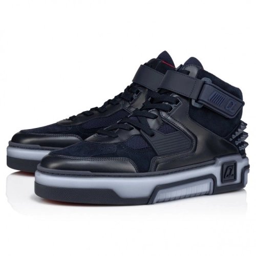 Replica Christian Louboutin Astroloubi Mid High-Top Sneakers Calf Leather Suede And Rubber Navy, Fake CL Shoes
