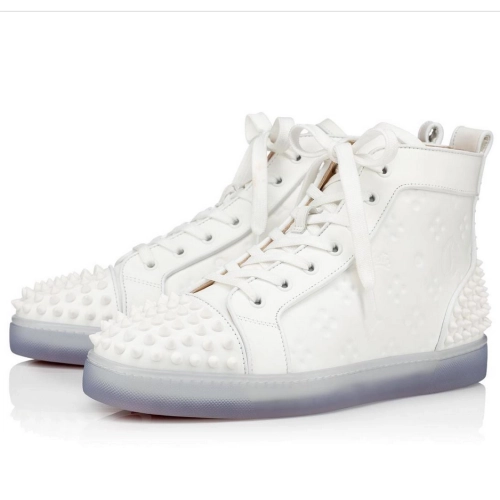Cheap Christian Louboutin Lou Spikes 2 Sneaker High-Top Embossed Calfskin White, Discount CL Shoes Outlet Store