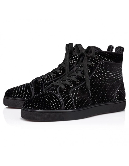 Replica Christian Louboutin Louis High-Top Sneakers Velvet River Calf Leather Black, Fake Christian Louboutin Shoes
