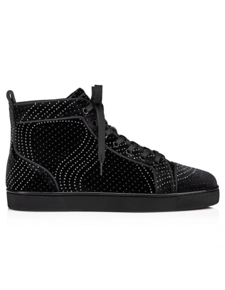 Replica Christian Louboutin Louis High-Top Sneakers Velvet River Calf Leather Black, Fake Christian Louboutin Shoes