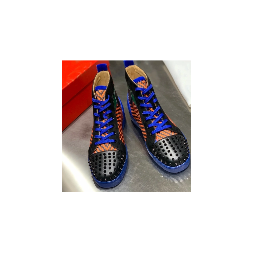 Cheap Christian Louboutin Men Louis Spikes Flat High-Top Sneakers Black Blue, Discount Christian Louboutin Shoes Outlet Online