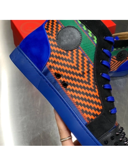 Cheap Christian Louboutin Men Louis Spikes Flat High-Top Sneakers Black Blue, Discount Christian Louboutin Shoes Outlet Online