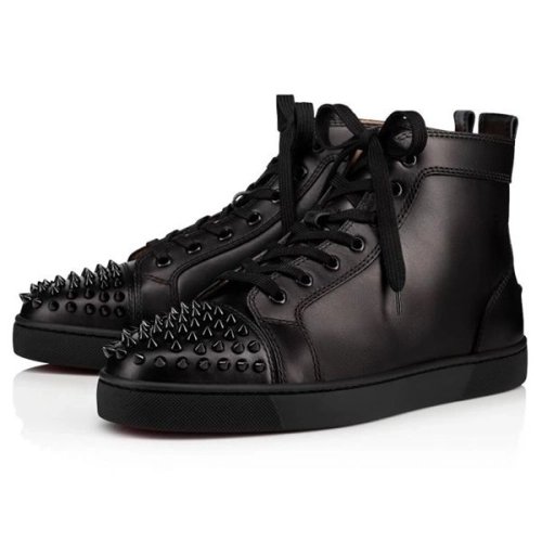 cheap Christian Louboutin High-top Louis Spikes Black black bk Calf Sneaker sale
