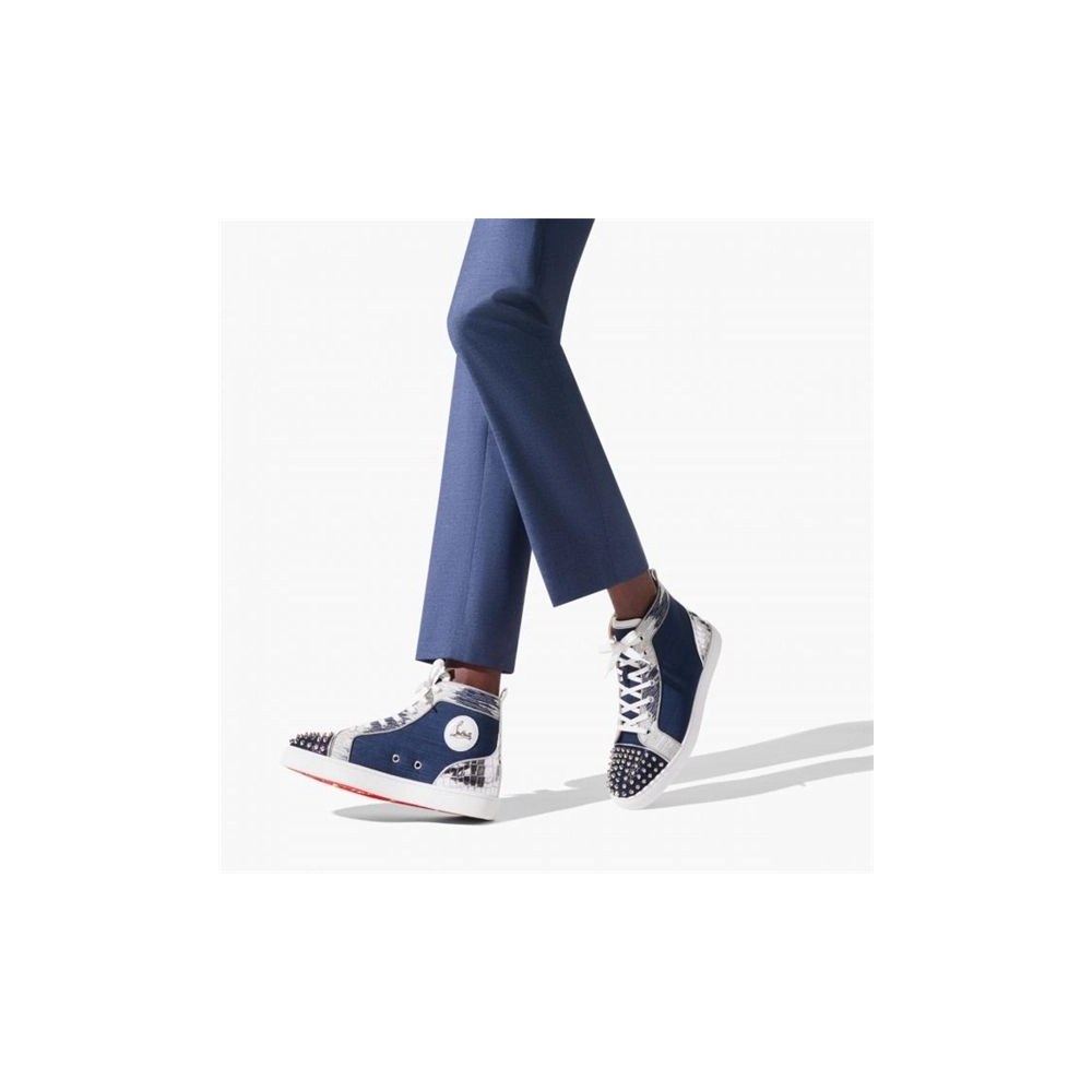 cheap Christian Louboutin High Top Lou Spikes Orlato Version Marine Suede Leather sale
