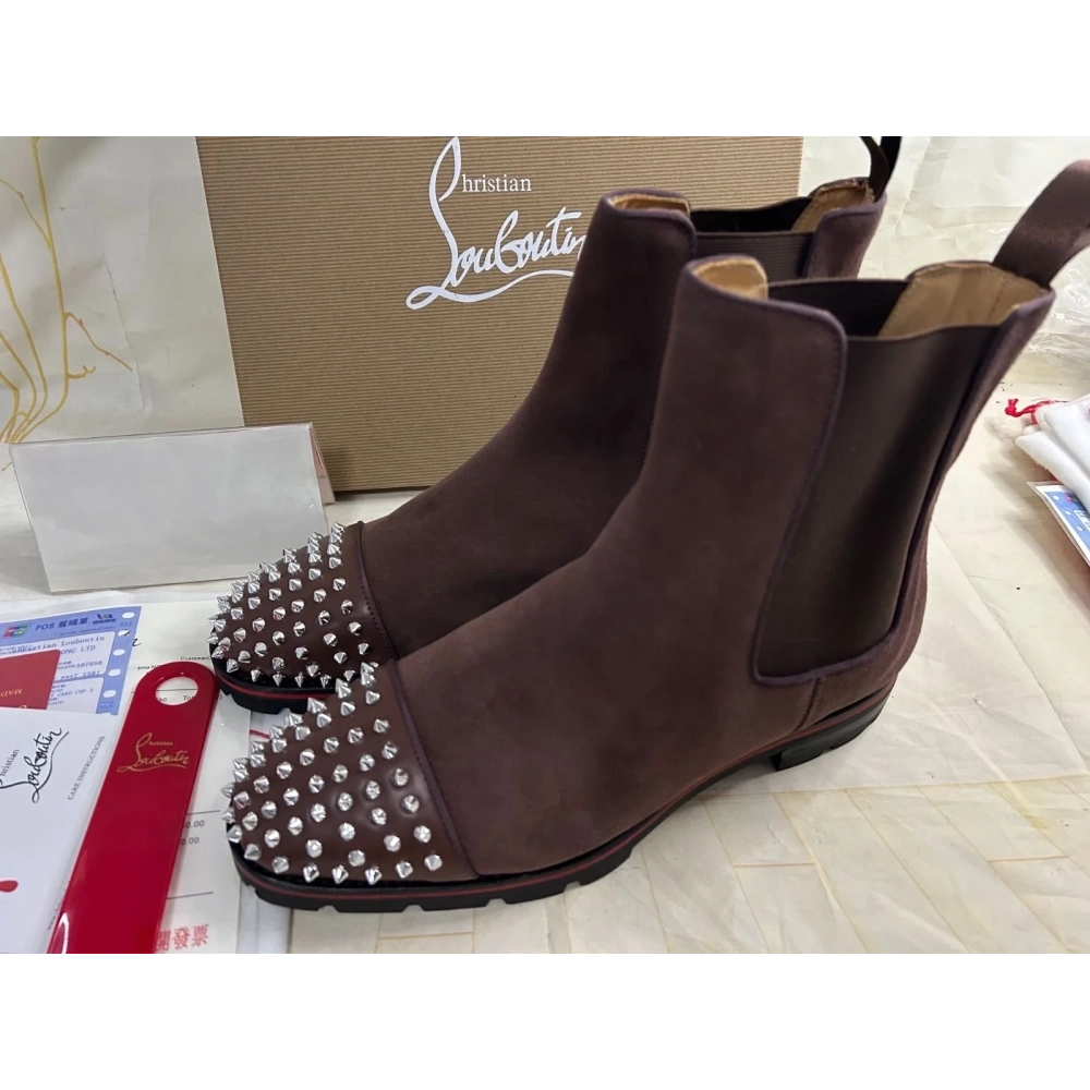 Fake Christian Louboutin Melon Spikes Boots Suede Calf Leather Coffee Outlet Sale