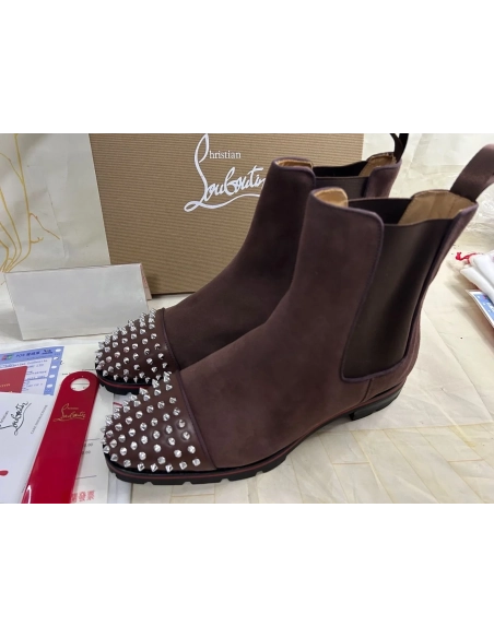 Fake Christian Louboutin Melon Spikes Boots Suede Calf Leather Coffee Outlet Sale
