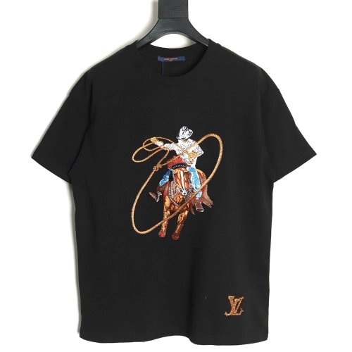 Louis Vuitton Western Denim Embroidered Short Sleeve TShirt,cheap Louis Vuitton