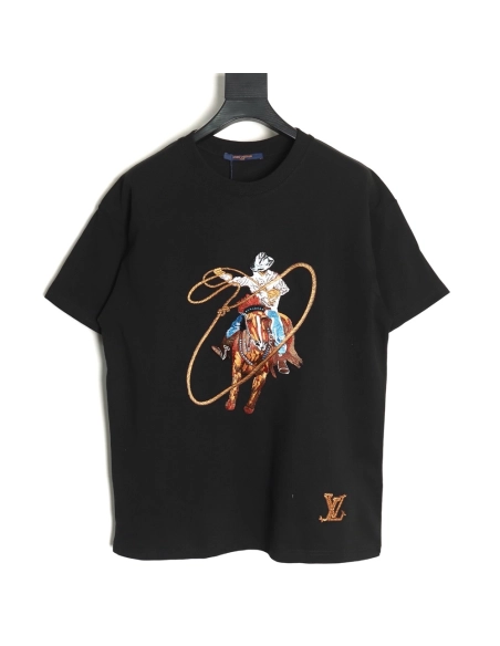 Louis Vuitton Western Denim Embroidered Short Sleeve TShirt,cheap Louis Vuitton