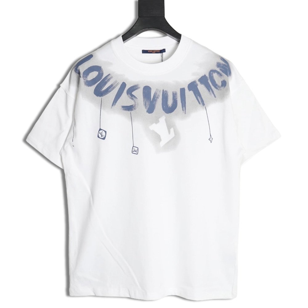 Louis Vuitton collar graffiti letters printed large logo shortsleeved Tshirt,cheap Louis Vuitton
