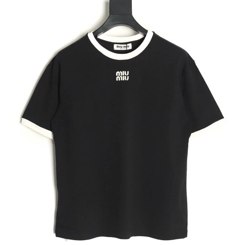 Miu Miu Contrast Collar Embroidered Logo Short Sleeve T-Shirt TSK1,Miu Miu