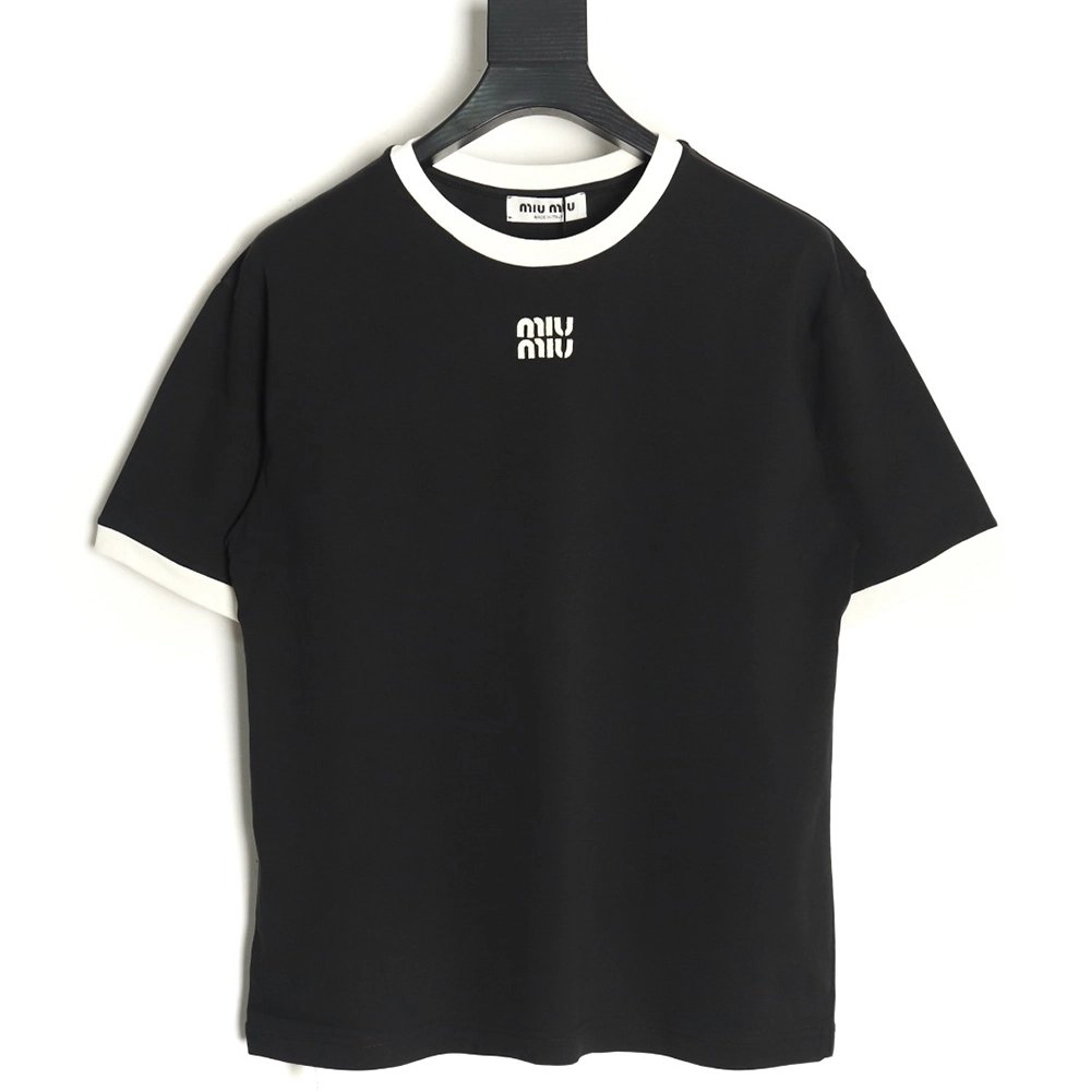 Miu Miu Contrast Collar Embroidered Logo Short Sleeve T-Shirt TSK1,Miu Miu