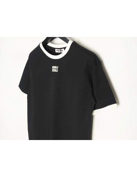 Miu Miu Contrast Collar Embroidered Logo Short Sleeve T-Shirt TSK1,Miu Miu