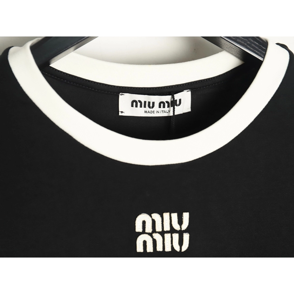 Miu Miu Contrast Collar Embroidered Logo Short Sleeve T-Shirt TSK1,Miu Miu