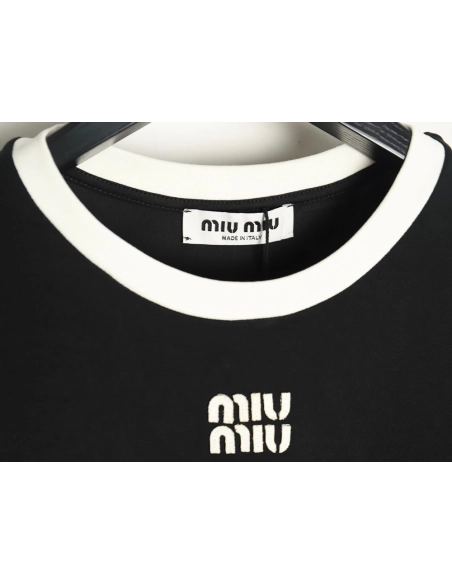 Miu Miu Contrast Collar Embroidered Logo Short Sleeve T-Shirt TSK1,Miu Miu