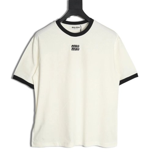Miu Miu Contrast Collar Embroidered Logo Short Sleeve T-Shirt,Miu Miu