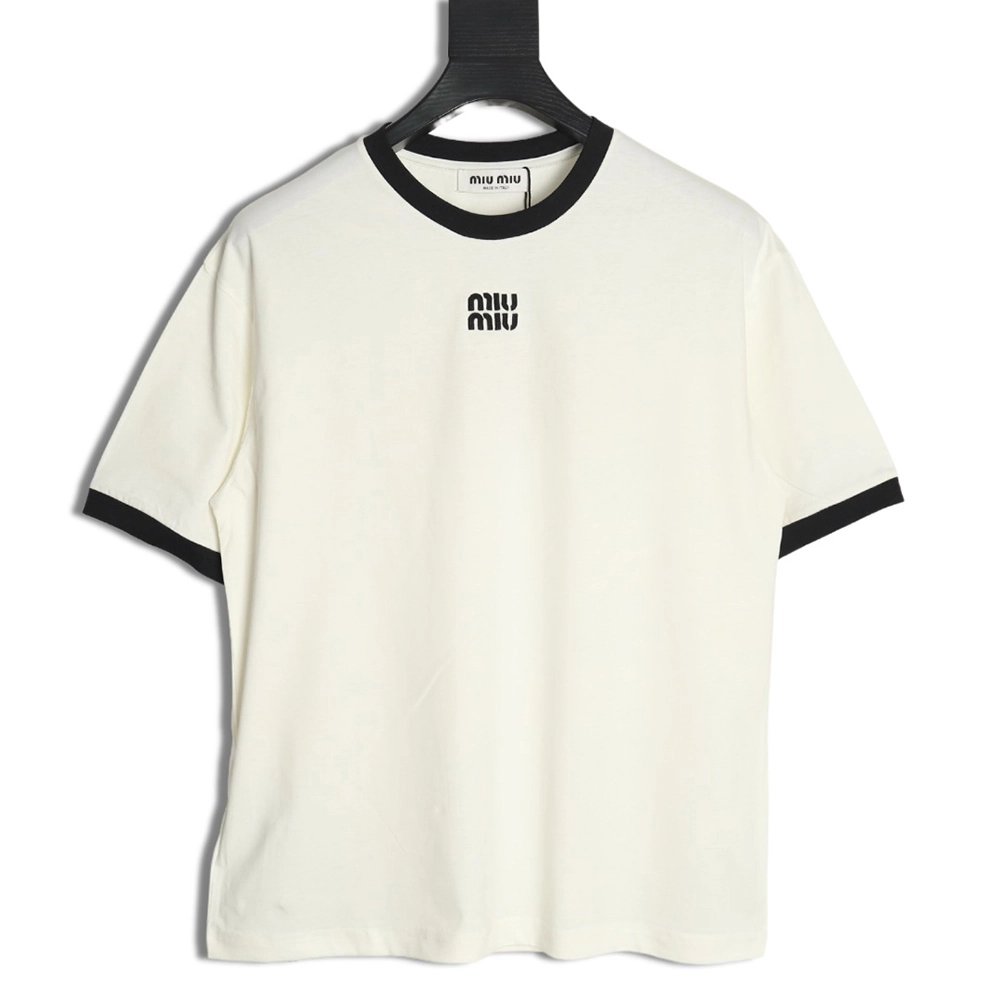 Miu Miu Contrast Collar Embroidered Logo Short Sleeve T-Shirt,Miu Miu