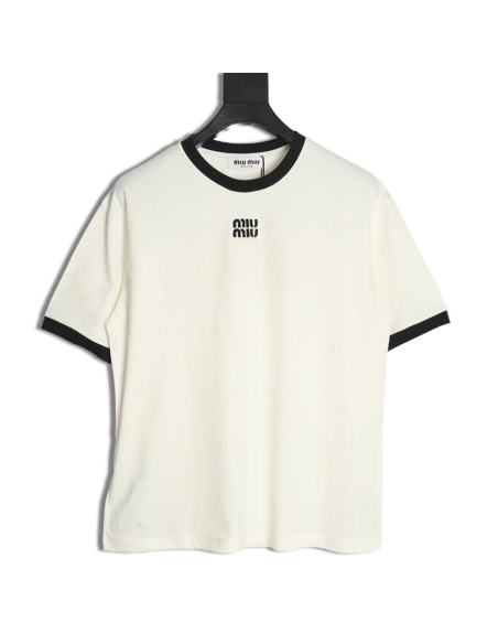 Miu Miu Contrast Collar Embroidered Logo Short Sleeve T-Shirt,Miu Miu