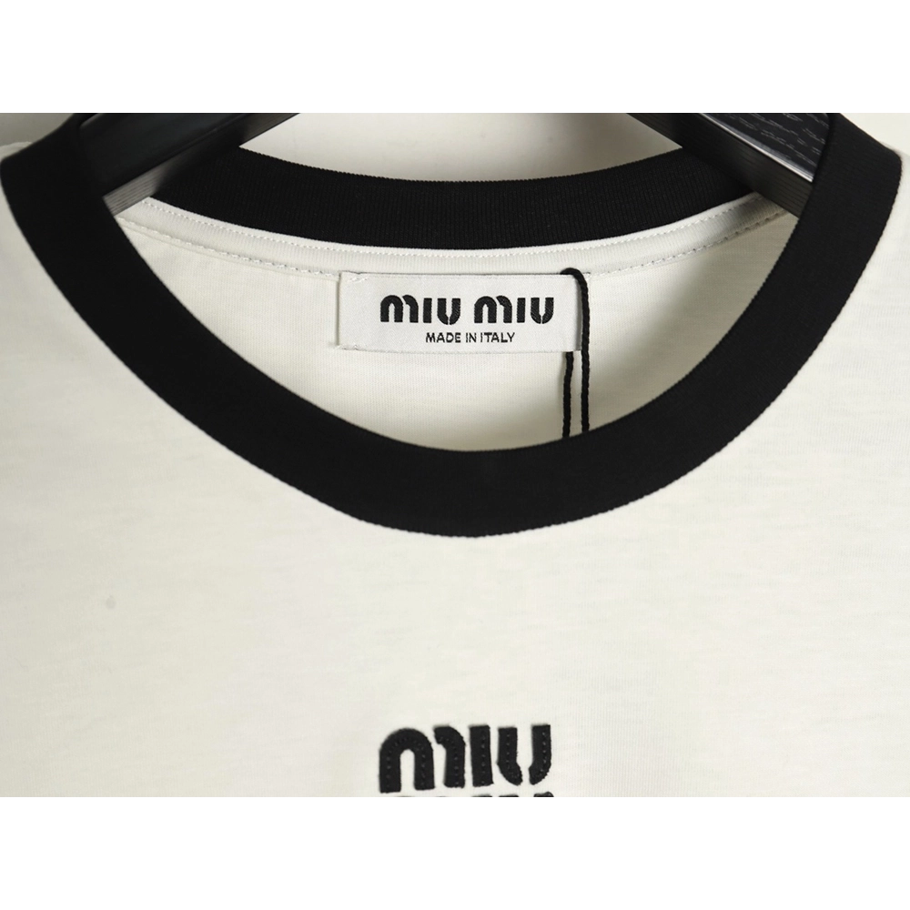 Miu Miu Contrast Collar Embroidered Logo Short Sleeve T-Shirt,Miu Miu