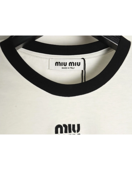 Miu Miu Contrast Collar Embroidered Logo Short Sleeve T-Shirt,Miu Miu