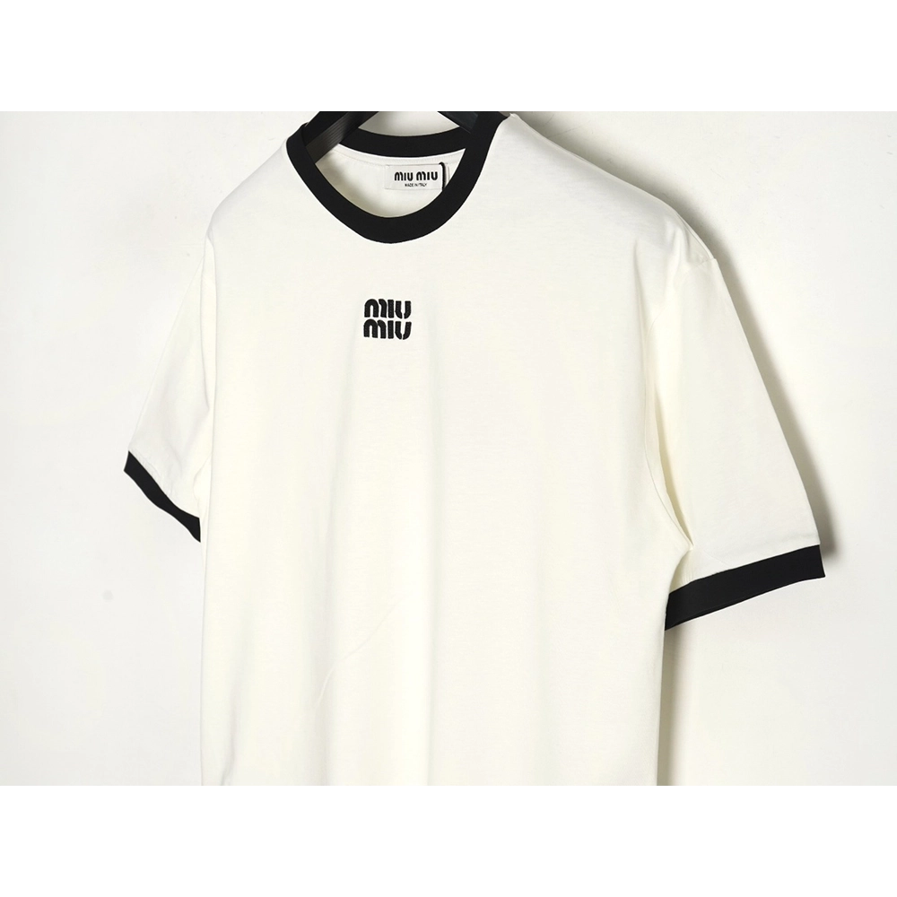 Miu Miu Contrast Collar Embroidered Logo Short Sleeve T-Shirt,Miu Miu