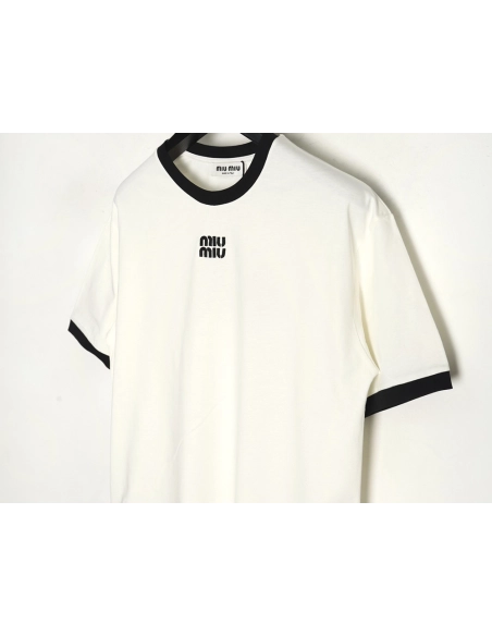 Miu Miu Contrast Collar Embroidered Logo Short Sleeve T-Shirt,Miu Miu