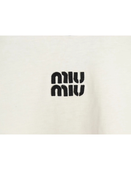 Miu Miu Contrast Collar Embroidered Logo Short Sleeve T-Shirt,Miu Miu
