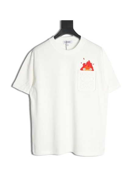 Loewe &amp; Hals Moving Castle Joint Pocket Flame Embroidered Short Sleeve T-shirt,Loewe