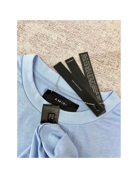 Amiri New print sky blue short-sleeved rear wide logo letter printt T-shirt,Amiri T Shirt,Tshirt,APPAREL