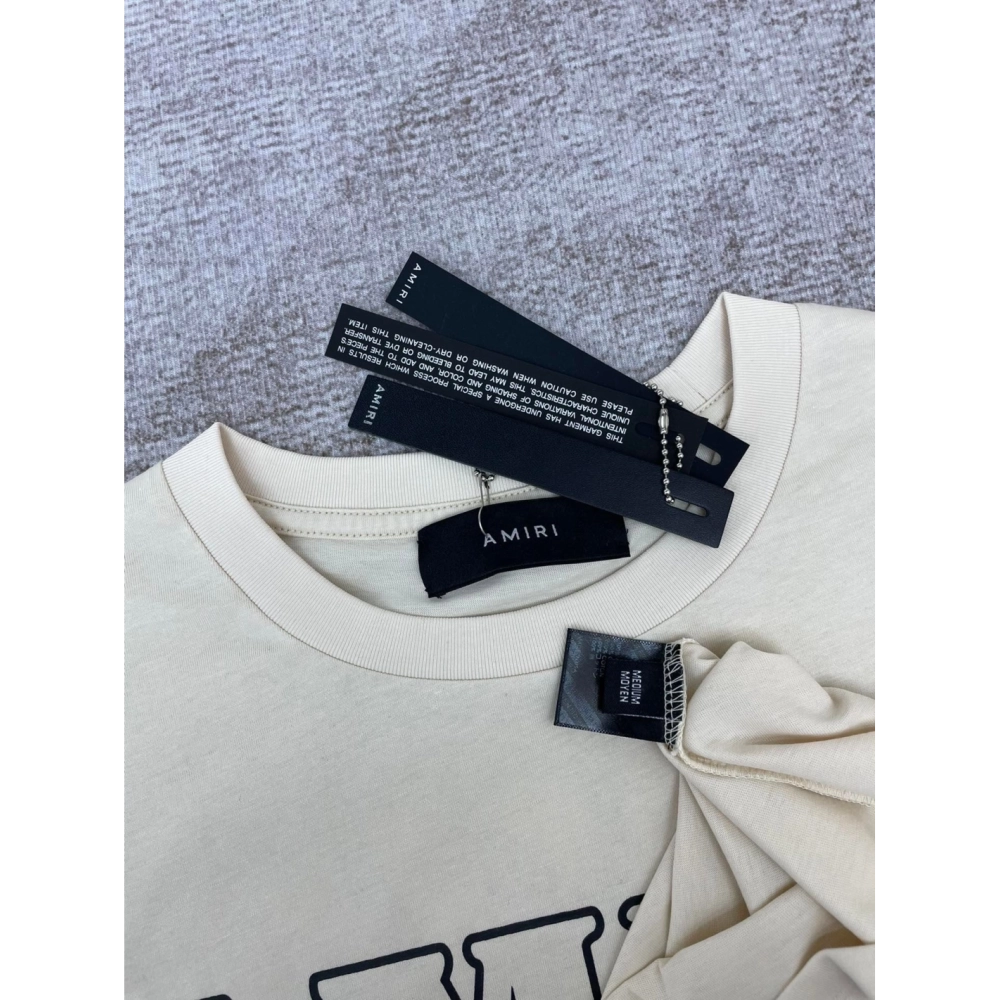 Amiri New print sun head apricot short-sleeved wide logo letter rear sun portrait printT-shirt,Amiri T Shirt,Tshirt,APPAREL