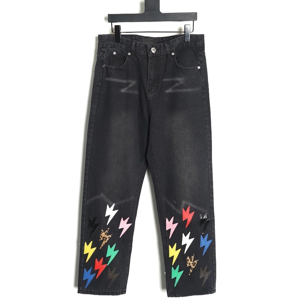 Amexnocap leather label lightning bolt denim trousers,Amexnocap