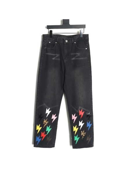 Amexnocap leather label lightning bolt denim trousers,Amexnocap