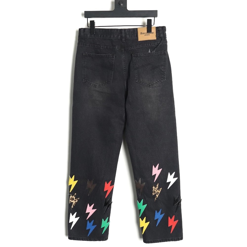 Amexnocap leather label lightning bolt denim trousers,Amexnocap