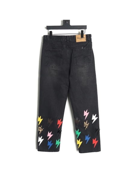 Amexnocap leather label lightning bolt denim trousers,Amexnocap