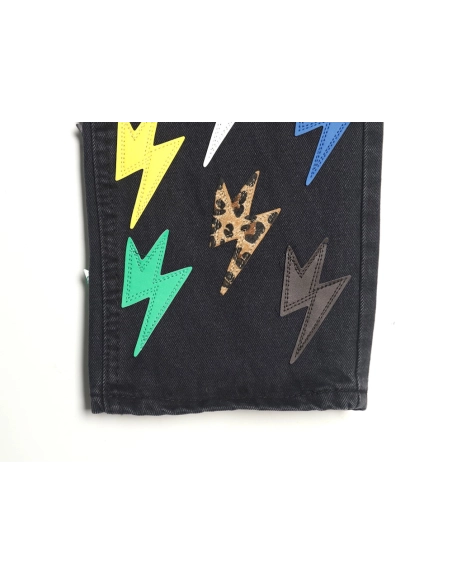 Amexnocap leather label lightning bolt denim trousers,Amexnocap