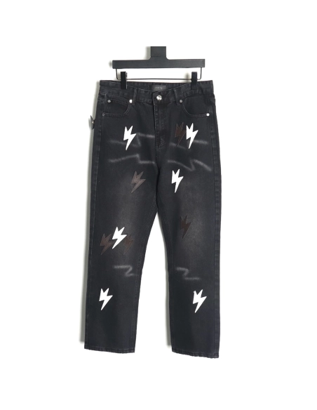 Amexnocap leather label lightning bolt denim trousers TSK2,Amexnocap
