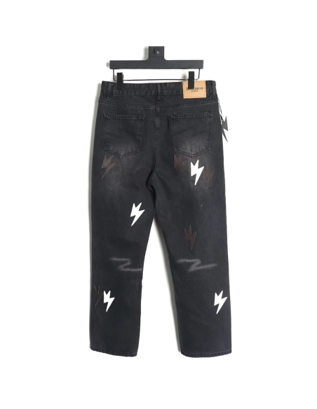 Amexnocap leather label lightning bolt denim trousers TSK2,Amexnocap